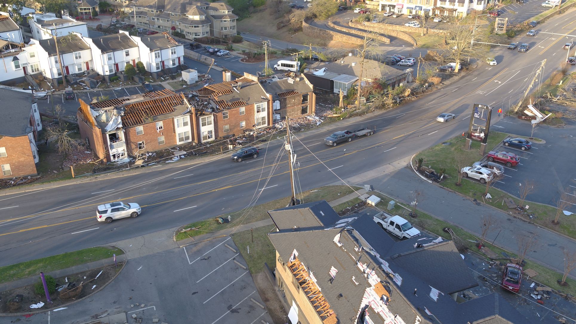 Damage as seen from an Entergy Arkansas drone scout on Foxcroft Drive in Little Rock.